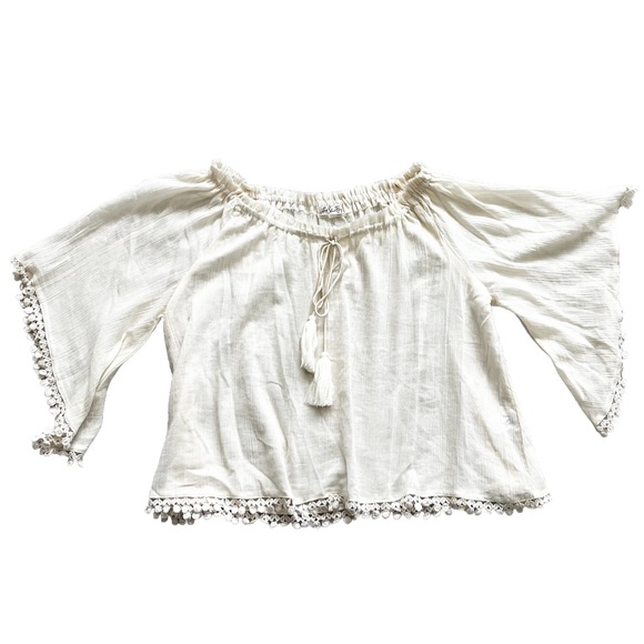 Love Shack Fancy Tops - LOVE SHACK FANCY GAUZY SEMI SHEER TASSEL TRIM CREAM TOP BEACHY CHIC BOHO